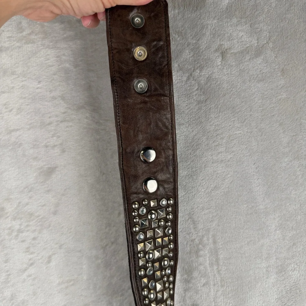 y2k Brown Leather Studded Wide Waist Belt Silver Pyramid Rivet Crystal 35in